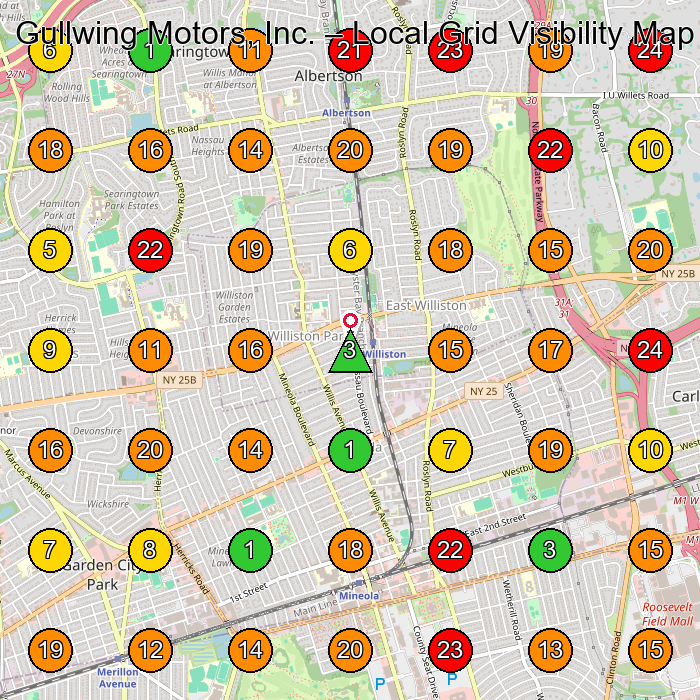 Gullwing Motors, Inc. Auto Repair Shop GeoGrid ranking map for Mineola NY